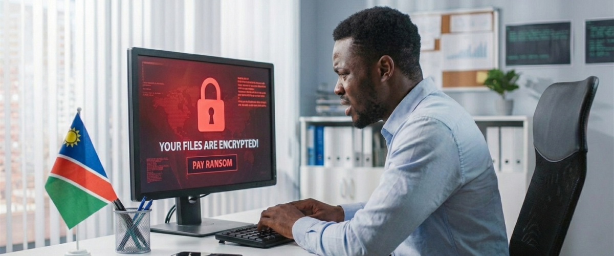 A worried man in an office looking at a computer screen that displays a red ransomware message with a padlock and the text "YOUR FILES ARE ENCRYPTED!", with a small Namibian flag on his desk  cybercriminals