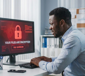 A worried man in an office looking at a computer screen that displays a red ransomware message with a padlock and the text "YOUR FILES ARE ENCRYPTED!", with a small Namibian flag on his desk  cybercriminals