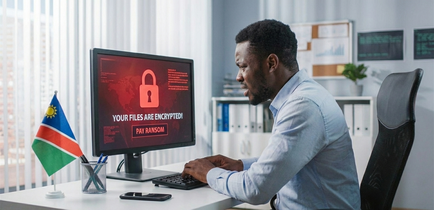 cybercriminals - Meinert Cybersecurity Awareness A worried man in an office looking at a computer screen that displays a red ransomware message with a padlock and the text "YOUR FILES ARE ENCRYPTED!", with a small Namibian flag on his desk cybercriminals