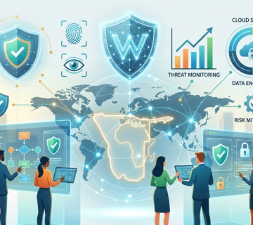 A professional, high tech cybersecurity center featuring diverse professionals interacting with holographic displays of security data and risk mitigation charts  The scene is bright and optimistic, highlighted by a glowing gold outline of Namibia on a digital world map to represent proactive digital protection 
