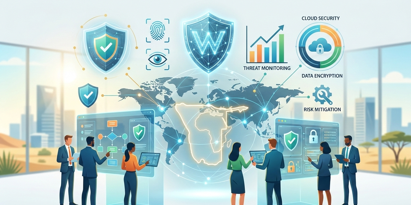 A professional, high tech cybersecurity center featuring diverse professionals interacting with holographic displays of security data and risk mitigation charts  The scene is bright and optimistic, highlighted by a glowing gold outline of Namibia on a digital world map to represent proactive digital protection 
